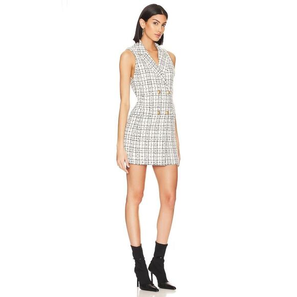Alice + Olivia Jordy Double Breast Tweed Tuxedo Dress White Black Gold 6 - Picture 3 of 7